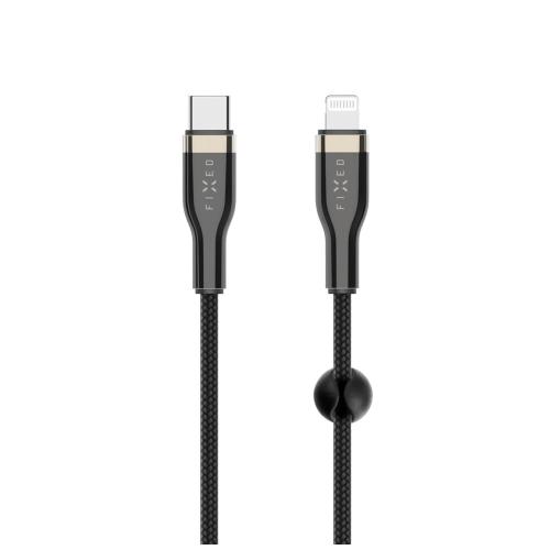 FIXED - Krátký nabíjecí a datový opletený kabel FIXED s konektory USB-C/Lightning a podporou PD, 0.5m, MFI, černý